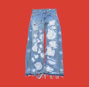 'Eroded Blister' Distressed Wide Leg Flare Denim